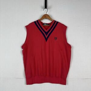 Polo Ralph Lauren Sweater Vest Men's L Red Sleeveless Double Stripe V-Neck Golf
